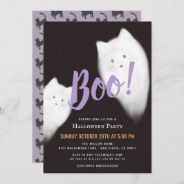 Invitación ¡Boo! Ghost Cat Cute Purple Halloween Party