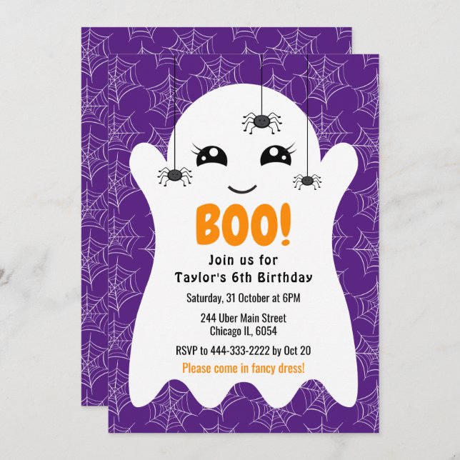 Invitación Boo Ghost Halloween Birthday Costume Party Purple (Anverso / Reverso)