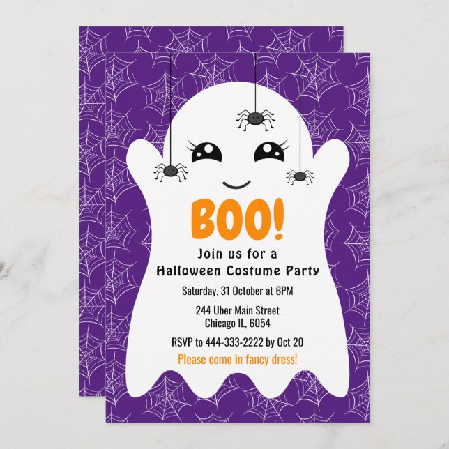 Invitación Boo Ghost Halloween Costume Party Purple (Anverso / Reverso)