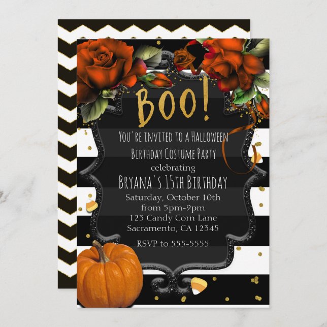 Invitación ¡BOO! Halloween con franjas blancas negras y Rosas (Anverso / Reverso)