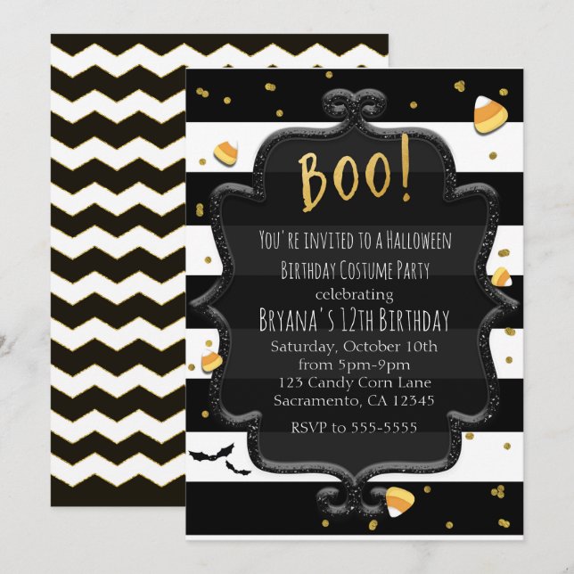 Invitación ¡BOO! Halloween con maíz de canela negro y blanco  (Anverso / Reverso)