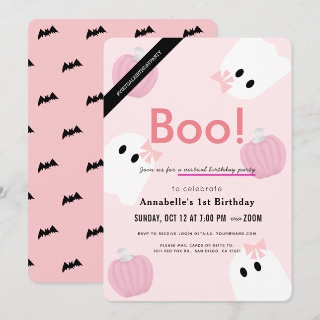 Invitación ¡Boo! Halloween Fantasma Chica Pink Virtual Birday (Anverso / Reverso)