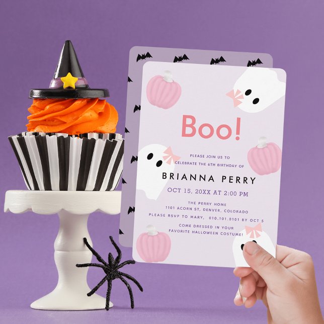 Invitación ¡Boo! Halloween Fantasma Chica Pumpkin Purple Cump (Subido por el creador)