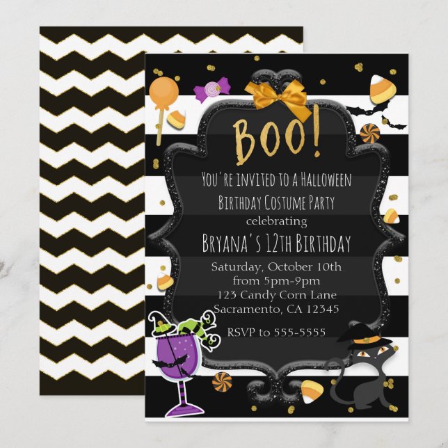 Invitación ¡BOO! Halloween Fiesta de Dulces con Rayas Negras  (Anverso / Reverso)