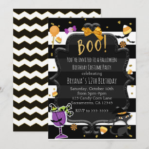 Invitación ¡BOO! Halloween Fiesta de Dulces con Rayas Negras