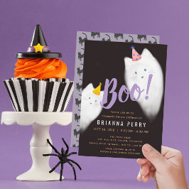 Invitación ¡Boo! Halloween Ghost Cat Cute Purple Cumpleaños