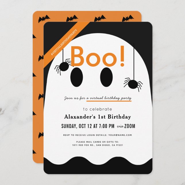 Invitación ¡Boo! Halloween Ghost Cute cumpleaños virtual (Anverso / Reverso)