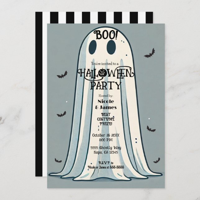 Invitación ¡BOO! Halloween verde fantasma de hoja (Anverso / Reverso)