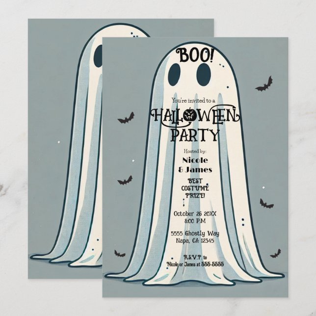 Invitación ¡BOO! Halloween verde fantasma de hoja (Anverso / Reverso)