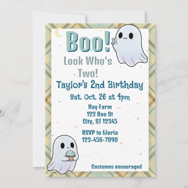 Invitación Boo, Mira Quién Cumple Dos, Fantasma 2do Cumpleaño (Anverso)