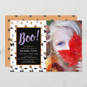 Invitación ¡Boo! Patrón de Halloween lindo foto blanca cumple