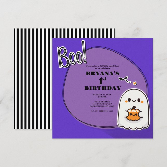 Invitación ¡BOO! Pequeño Fantasma Morado Cumpleaños de Hallow (Anverso / Reverso)
