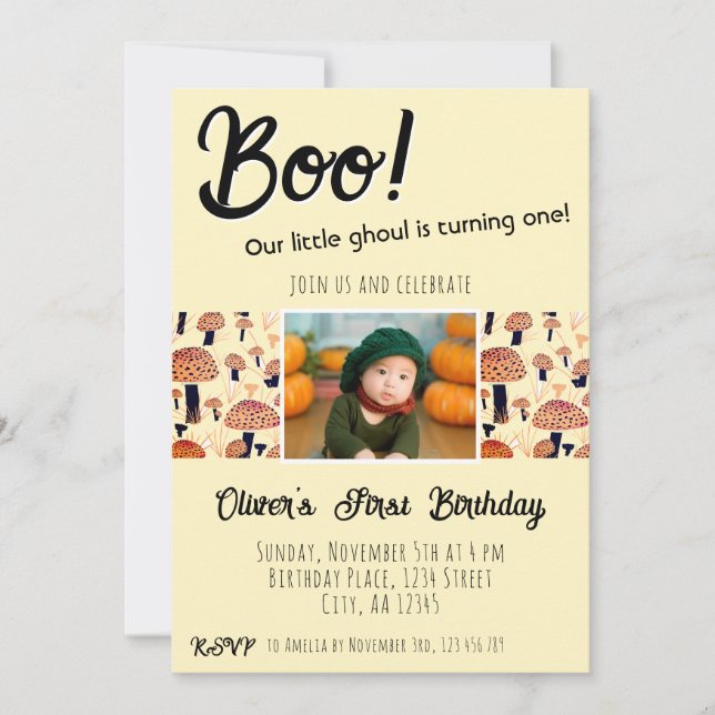 Invitación Boo primer cumpleaños hongos Halloween otoño (Anverso)