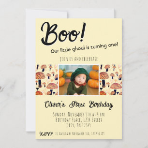 Invitación Boo primer cumpleaños hongos Halloween otoño
