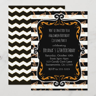 Invitación Boo Rayado Negro y Naranja Caprichoso Halloween