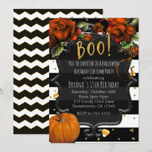 Invitación ¡BOO! Rosas con rayas negras y blancas y calabaza