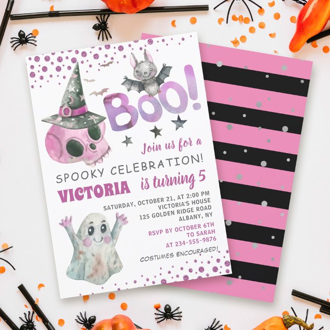 Invitación Boo Spooky Chica de cráneo rosado Halloween Cumple (Subido por el creador)