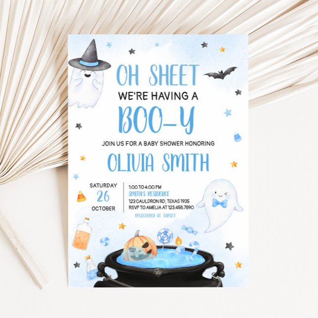 Invitación Boo-y Halloween Baby Shower (Blue Oh Sheet Baby Shower Invitation)