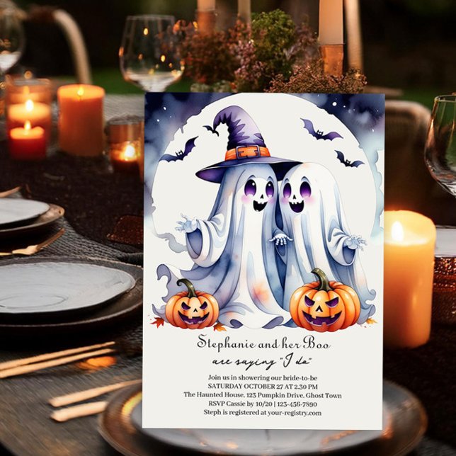 Invitación Boo yo hago cortés fantasmas Halloween Bridal Show (Halloween Bridal Shower Invitation with cute ghosts in love saying I do - by Darling & May)