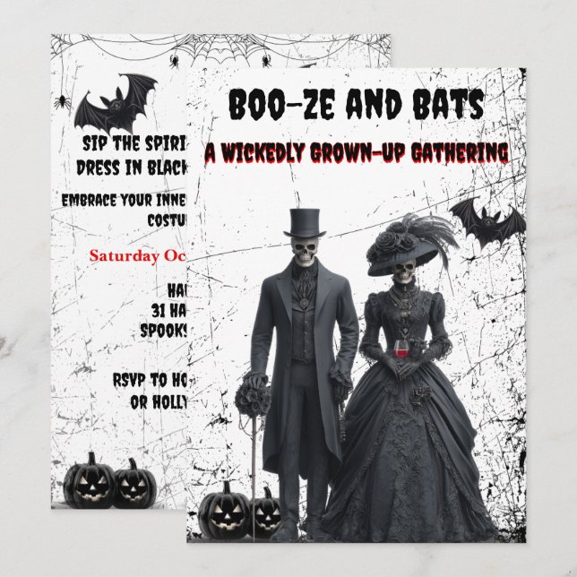 Invitación Boo-ze y Bats Gothic Adult Halloween Party (Anverso / Reverso)