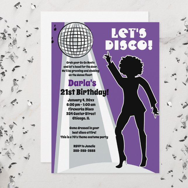Invitación Boogie del cumpleaños de la Fiesta Purple Disco (Disco Party Birthday Invitation Purple and Gray)