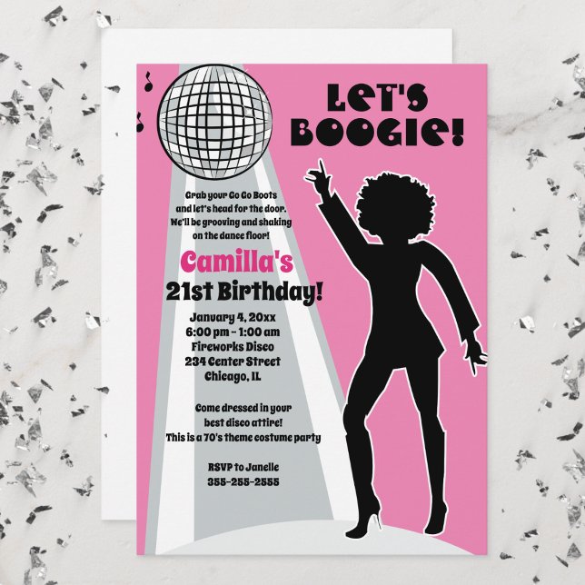 Invitación Boogie del cumpleaños de las mujeres Fiestas de di (Disco Birthday Party Invitation in Pink and Silver)