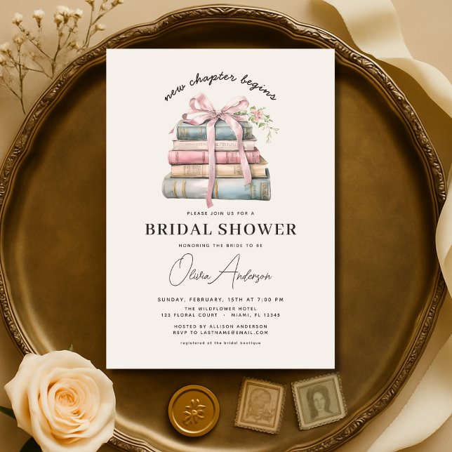 Invitación Book New Chapter Begins Pink Bow Bridal Shower (Subido por el creador)