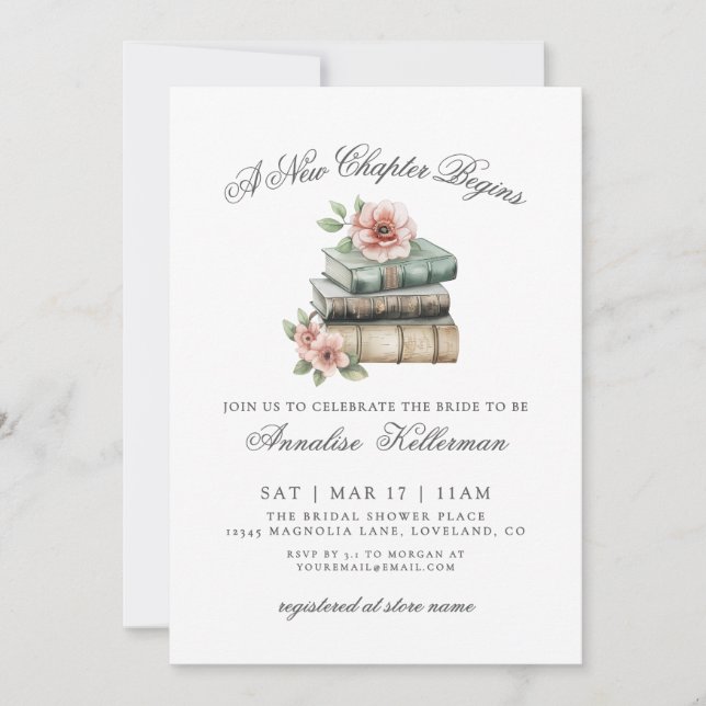 Invitación Book New Chapter Floral Bridal Shower (Anverso)