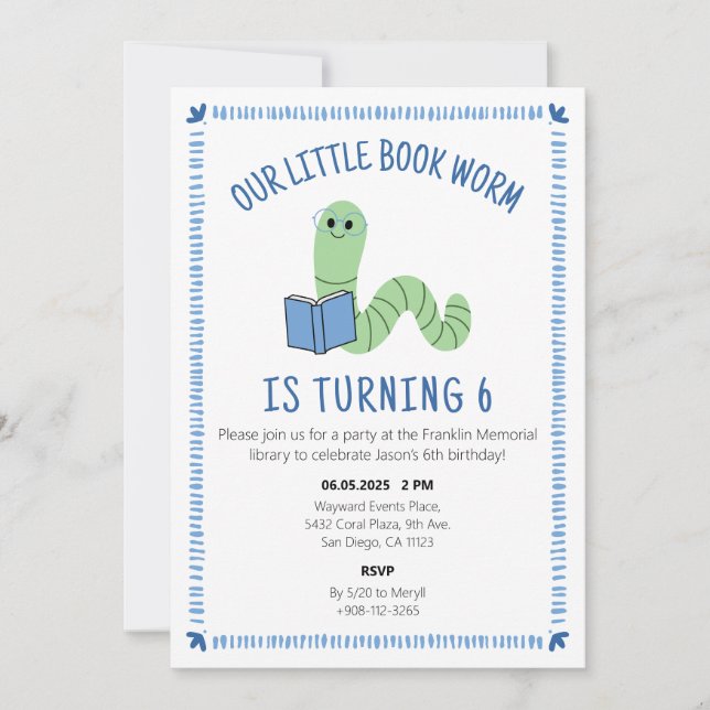 Invitación Book Worm Reading Lover Birthday Party Invite (Anverso)
