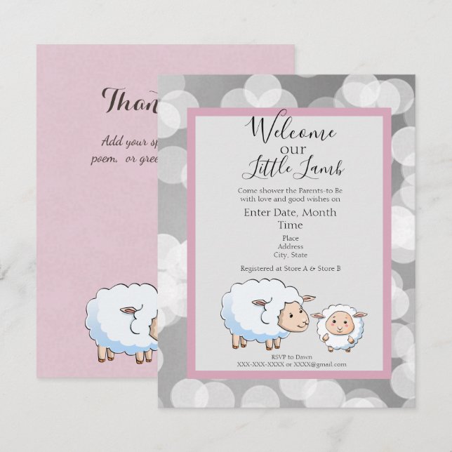 Invitación Bookah Pink, Gray Lamb Baby Shower Suministros (Anverso / Reverso)