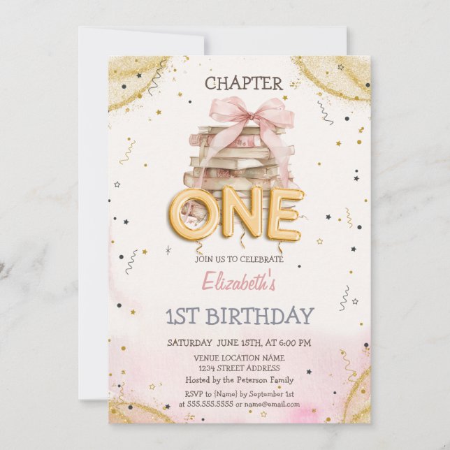 Invitación Books Bow Confetti Watercolor 1st Birthday  (Anverso)