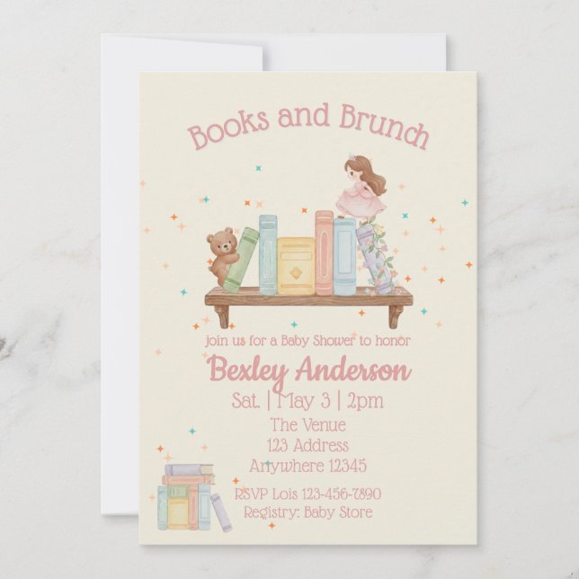 Invitación Books & Brunch Pink Baby Shower (Anverso)