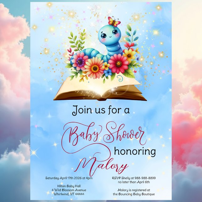Invitación Bookworm Baby Magical Watercolor Baby Shower (Floral Bookworm Baby Shower)