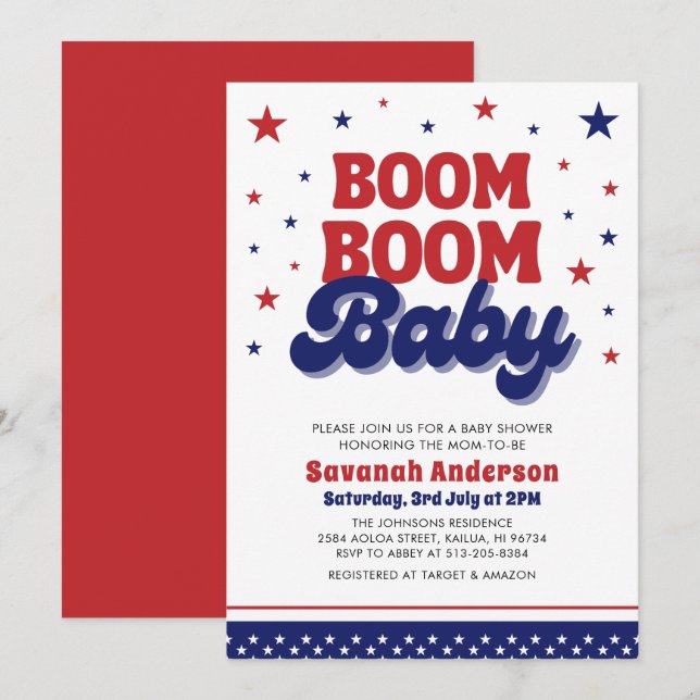 Invitación Boom Boom Baby 4jul Baby Shower Patriótico (Anverso / Reverso)