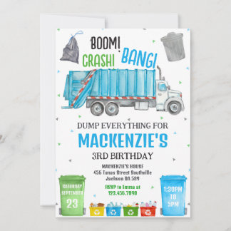 Invitación Boom Crash Bang Garbage Truck Boy Birthday Party