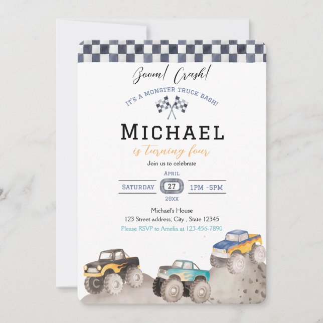 Invitación Boom Crash Monster Truck Bash (Anverso)