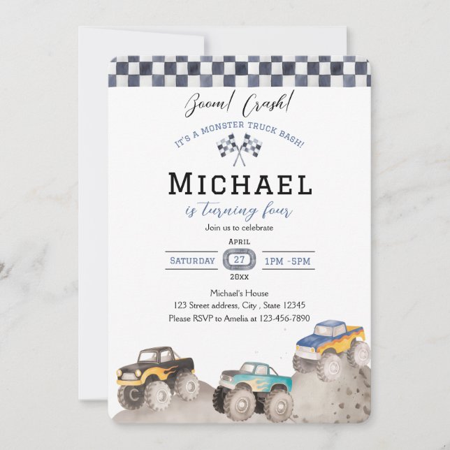 Invitación Boom Crash Monster Truck Bash Invite (Anverso)