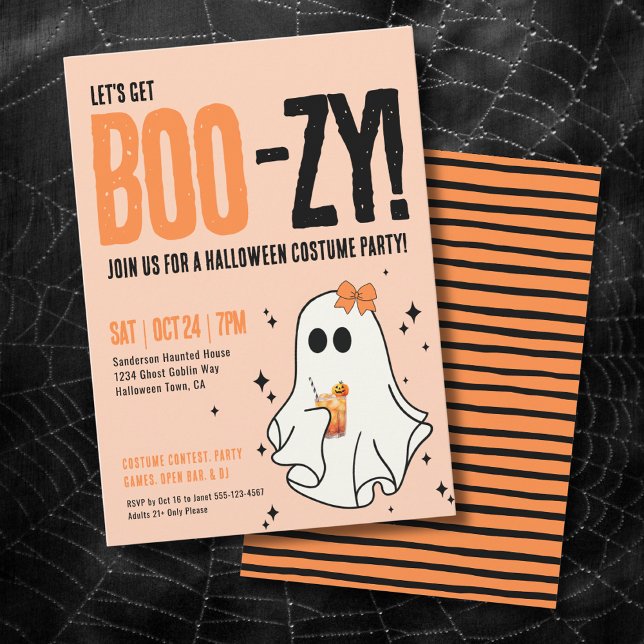 Invitación Boos Adultos Y Booze Halloween Party (Adult Cocktail Ghost Costume Party Halloween Invitation)