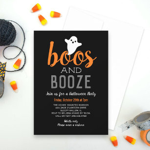 Invitación Boos and Booze Black Orange Adult Halloween Party