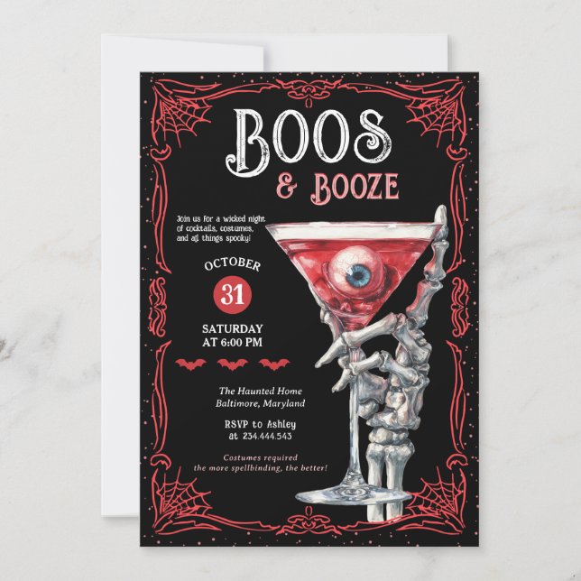 Invitación Boos & Booze Red Spooky Costume Halloween Party (Anverso)