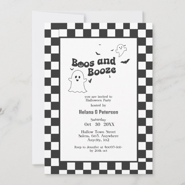 Invitación Boos negros y blancos retro y fiesta de Booze Hall (Anverso)