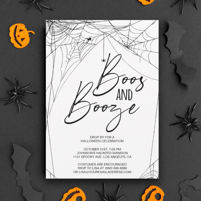 Invitación Boos y Booze (Boos and Booze Halloween party invitation featuring spider webs in the corners.)