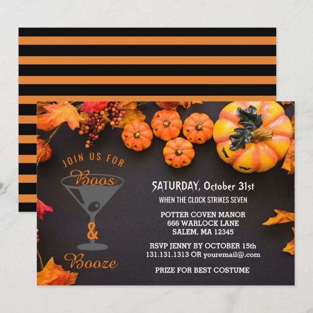 Invitación Boos y Booze Adultos Halloween Party Naranja negro (Anverso / Reverso)