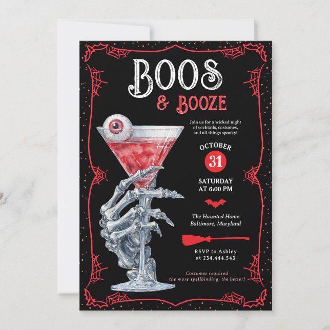 Invitación Boos y Booze Adultos Spooky Halloween Party (Anverso)