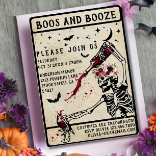 Invitación Boos y Booze Adultos Vintage Skull Halloween Party