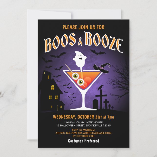 Invitación Boos y Booze Adults Halloween Party (Anverso)