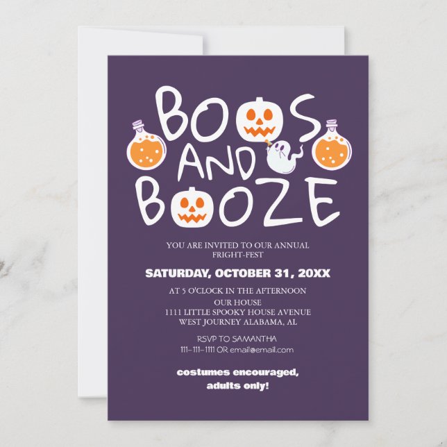 Invitación Boos y Booze asustaron a Fiesta de disfraces de Ha (Anverso)