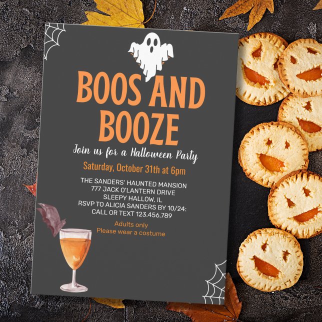 Invitación Boos y Booze Black Funny Halloween Party (Subido por el creador)