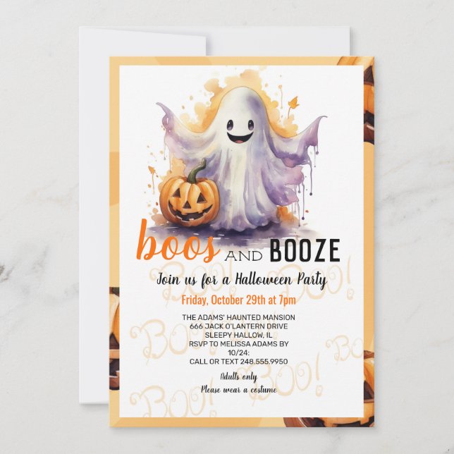 Invitación Boos y Booze Black Halloween Party (Anverso)