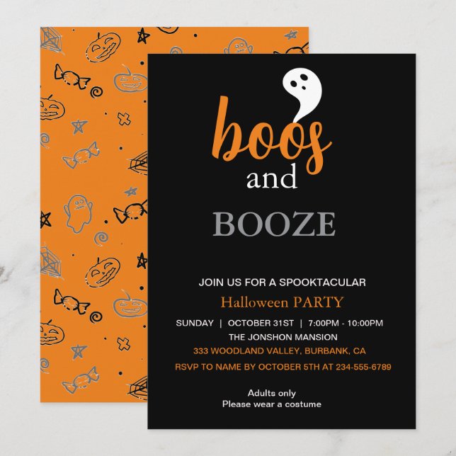 Invitación Boos y Booze Black Naranja Adults Halloween Party (Anverso / Reverso)